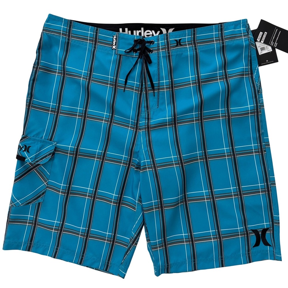 NWT Hurley Mens Puerto Rico Board Shorts Blue Plaid Recycled Swim Trunks 36